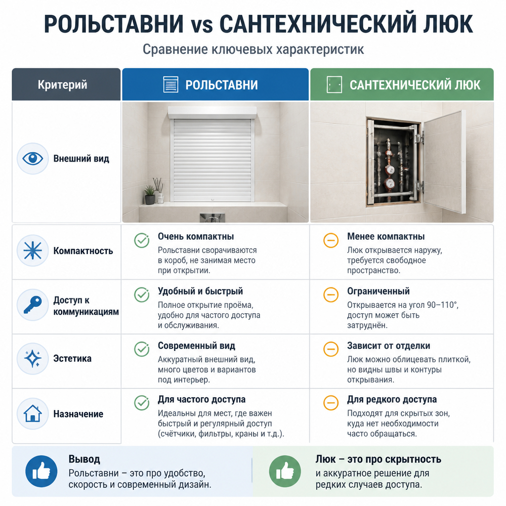 Сравнение сантехнических рольставен и сантехнических люков